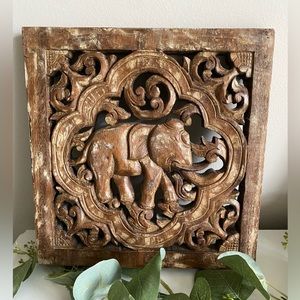 Distress Carved Wood Elephant Wall Hanging